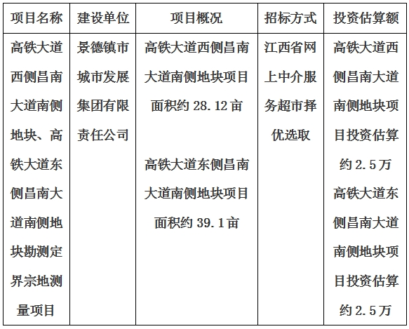 景德鎮(zhèn)市高鐵大道西側(cè)昌南大道南側(cè)地塊、高鐵大道東側(cè)昌南大道南側(cè)地塊勘測定界宗地測量項目計劃公告