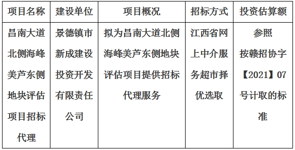 昌南大道北側海峰美蘆東側地塊評估項目招標代理計劃公告