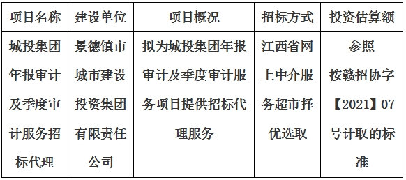 城投集團(tuán)年報(bào)審計(jì)及季度審計(jì)服務(wù)招標(biāo)代理計(jì)劃公告