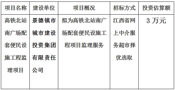 高鐵北站南廣場配套便民設施工程監(jiān)理項目計劃公告