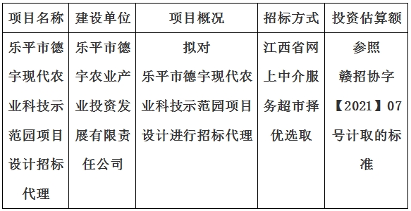 樂平市德宇現(xiàn)代農(nóng)業(yè)科技示范園項目設(shè)計招標(biāo)代理計劃公告