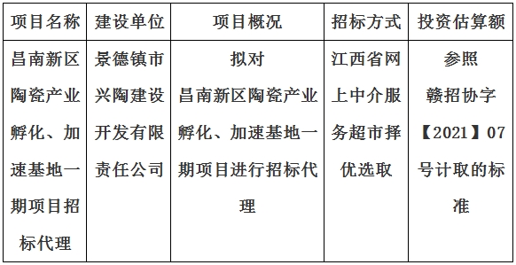 昌南新區(qū)陶瓷產業(yè)孵化、加速基地一期項目招標代理計劃公告