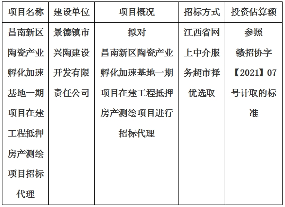 昌南新區(qū)陶瓷產(chǎn)業(yè)孵化加速基地一期項目在建工程抵押房產(chǎn)測繪項目招標(biāo)代理計劃公告