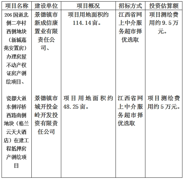 景德鎮(zhèn)市206國道北側(cè)二亭村西側(cè)地塊（新城嘉苑安置房）辦理房屋不動產(chǎn)權(quán)證房產(chǎn)測繪項目、瓷都大道東側(cè)浮橋西路南側(cè)地塊（格蘭云天大酒店）在建工程抵押房產(chǎn)測繪項目計劃公告